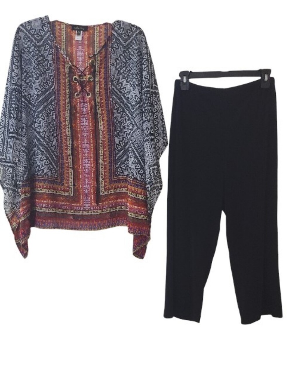 Seven7 Black Leggings Inseam 21" with Multi-Color Boho Lace-Up Top